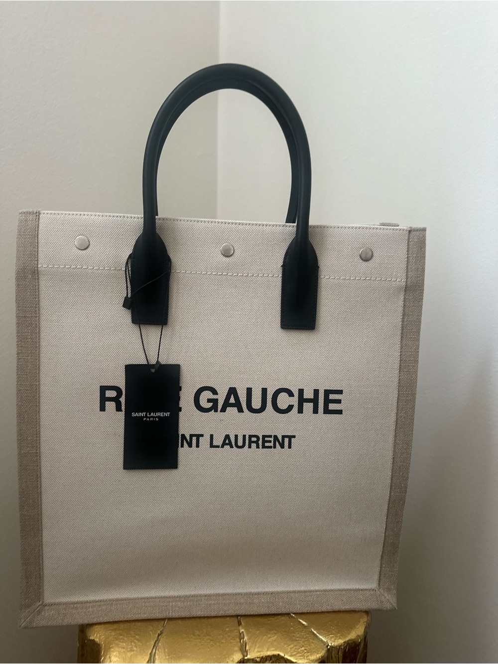 Saint Laurent Beige Canvas 'Rive Gauche' Tote with Black Handles - Picture 3 of 8